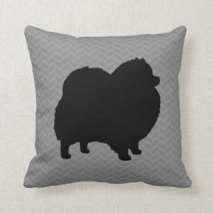Black Pomeranian Silhouette   Grey Herringbone Throw Pillow