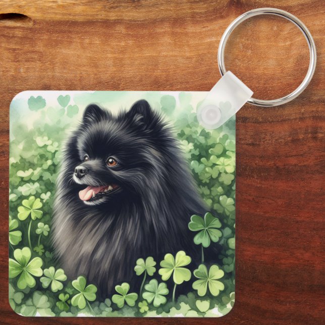 Black Pomeranian St Patricks Day  Keychain (Back)