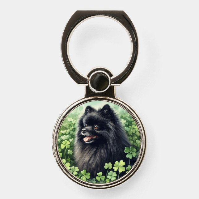 Black Pomeranian St Patricks Day  Phone Ring Stand (Front)