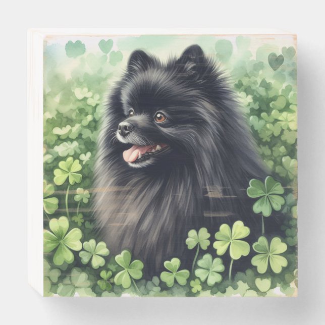 Black Pomeranian St Patricks Day  Wooden Box Sign (Front Horizontal)