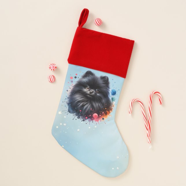 Black pomeranian watercolor illustration christmas stocking (Front)