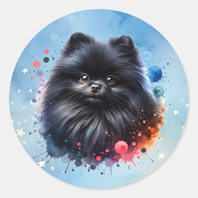 Black pomeranian watercolor illustration classic round sticker (Front)