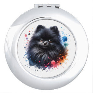 Black pomeranian watercolor illustration compact mirror