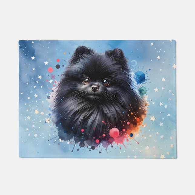 Black pomeranian watercolor illustration doormat (Front)
