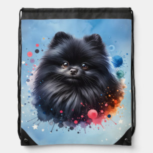 Black pomeranian watercolor illustration drawstring bag