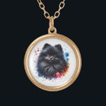 Black pomeranian watercolor illustration gold plated necklace<br><div class="desc">A highly detailed and vibrant illustration of a fluffy black Pomeranian dog,  featuring expressive eyes and a soft,  voluminous coat. The background is a dynamic splash of colorful watercolor splashes,  creating an artistic and playful atmosphere. The dog's fur is accentuated,  capturing the light and texture,  emphasizing its adorable personality.</div>