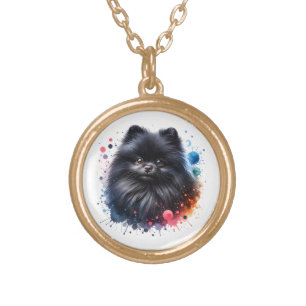 Black pomeranian watercolor illustration gold plated necklace