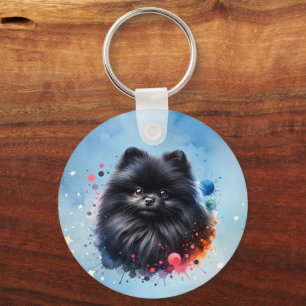 Black pomeranian watercolor illustration keychain