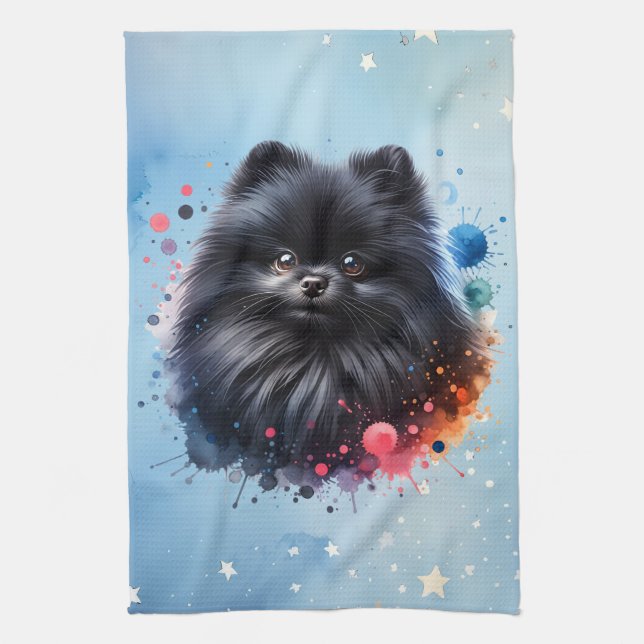 Black pomeranian watercolor illustration kitchen towel (Vertical)