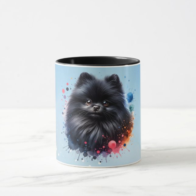 Black pomeranian watercolor illustration mug (Center)