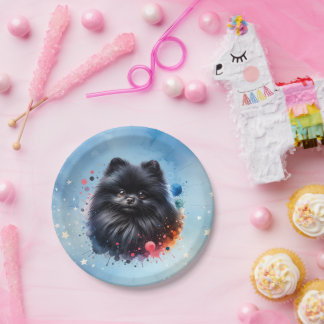 Black pomeranian watercolor illustration paper plates