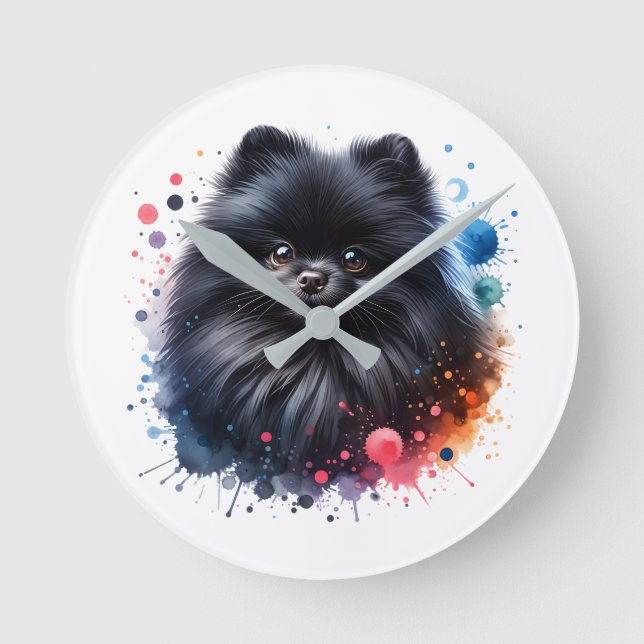 Black pomeranian watercolor illustration round clock (Front)