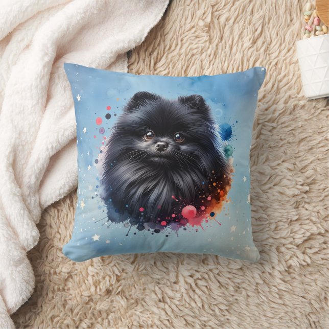 Black pomeranian watercolor illustration throw pillow (Blanket)
