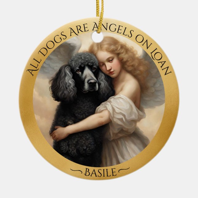 Black Poodle Angel Personalized Memorial  Ceramic Ornament (Front)
