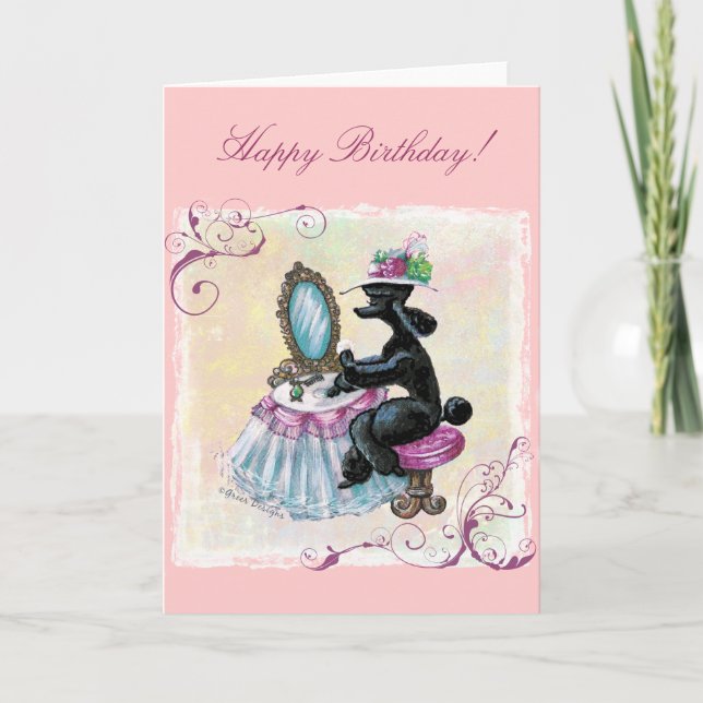 Black Poodle Boudoir Retro Art Birthday Card (Front)