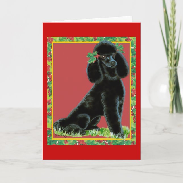 Black Poodle Christmas Holly Art Gifts & Cards (Front)