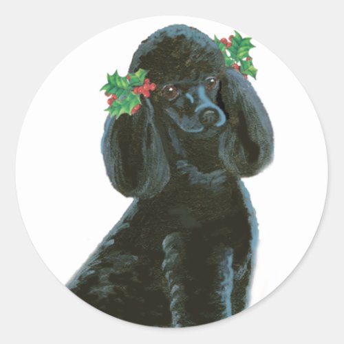 Black Poodle Christmas Holly Art Gifts  Cards Classic Round Sticker