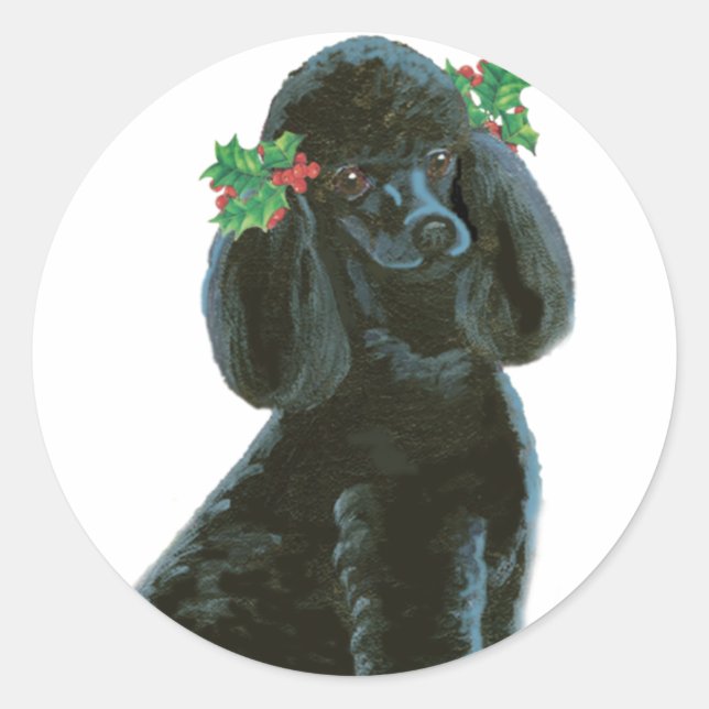 Black Poodle Christmas Holly Art Gifts & Cards Classic Round Sticker (Front)