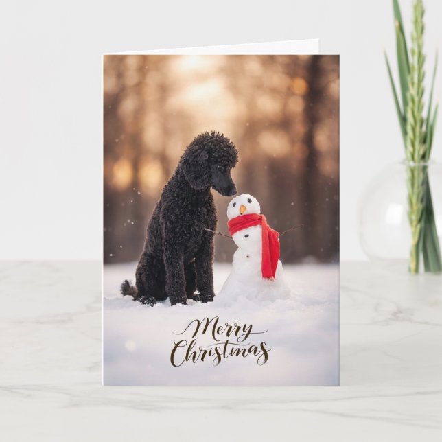 Black Poodle Christmas Snowman Holiday Card (Front)