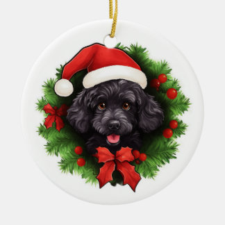 Black Poodle Christmas Wreath Ceramic Ornament