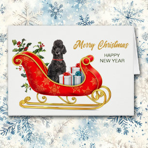Black Poodle Dog Christmas Sleigh Holiday Card