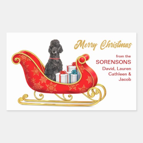 Black Poodle Dog Christmas Sleigh Rectangular Sticker