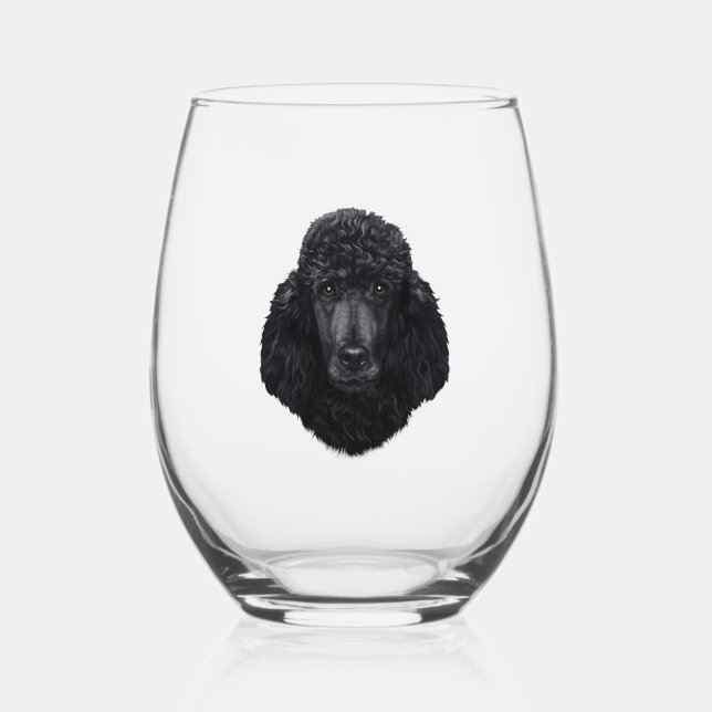 Black Poodle Dog Face Stemless Wine Glass (Front)