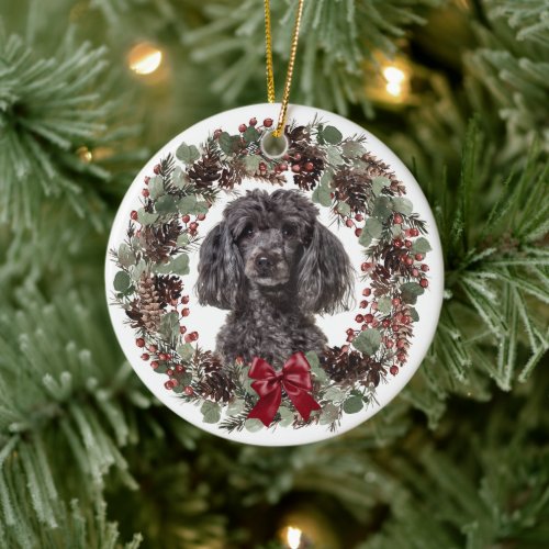 Black Poodle Dog Pinecone Wreath Personalized Ceramic Ornament