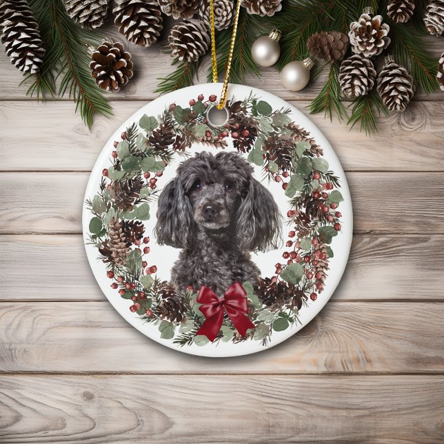 Black Poodle Dog Pinecone Wreath Personalized Ceramic Ornament (Creator Uploaded)