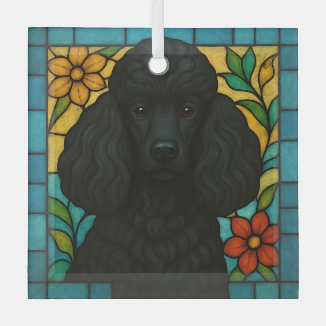 Black Poodle Dog "Stained Glass"  Glass Ornament (Front)