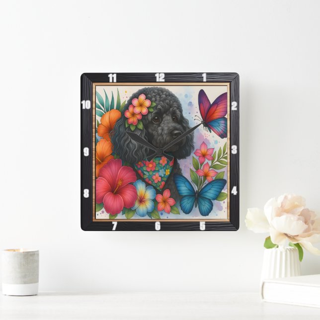 Black Poodle Floral Butterfly Art Square Wall Clock (Home)