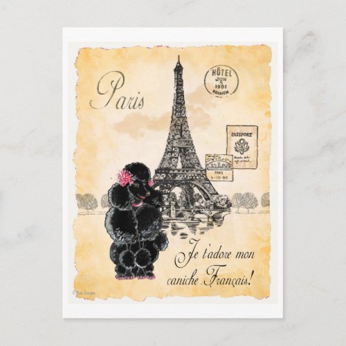 Black Poodle French Paris Eiffel Tower Vintage Postcard