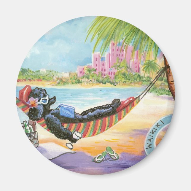 Black Poodle in Hawaii Beach Scene Magnet (Front)