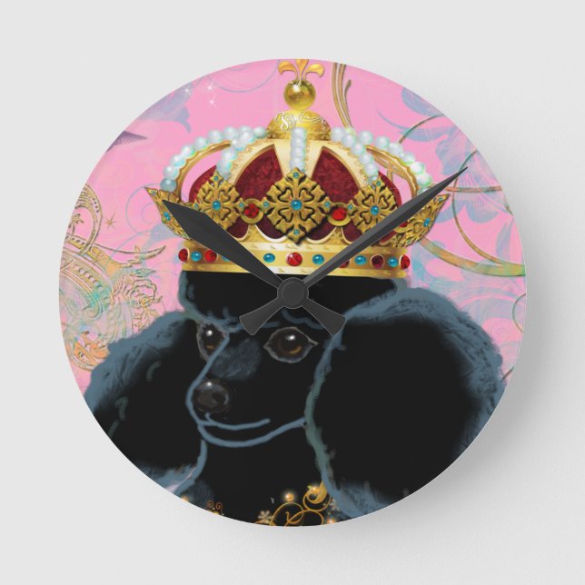 Black Poodle King with Crown Round Clock (Front)