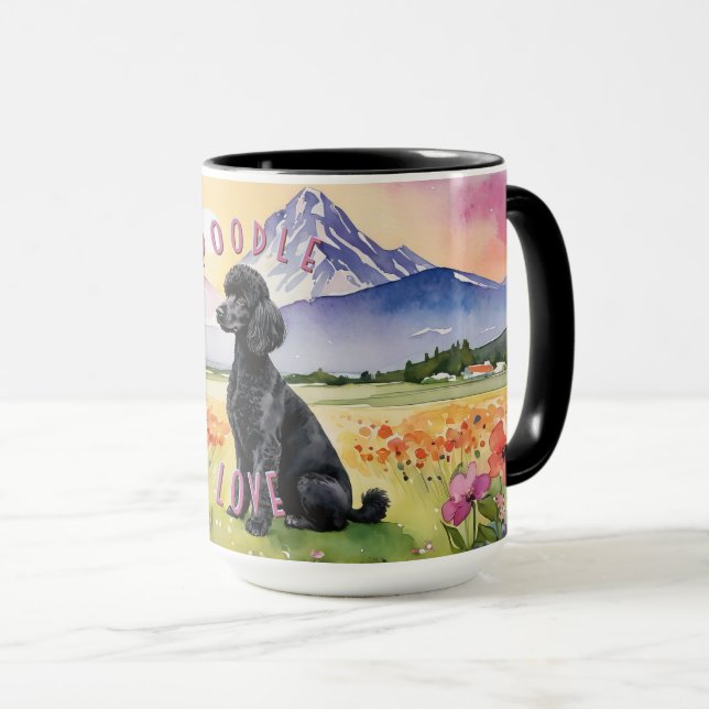 Black Poodle Mug, Customizable Farm Sunrise Mug (Front Right)
