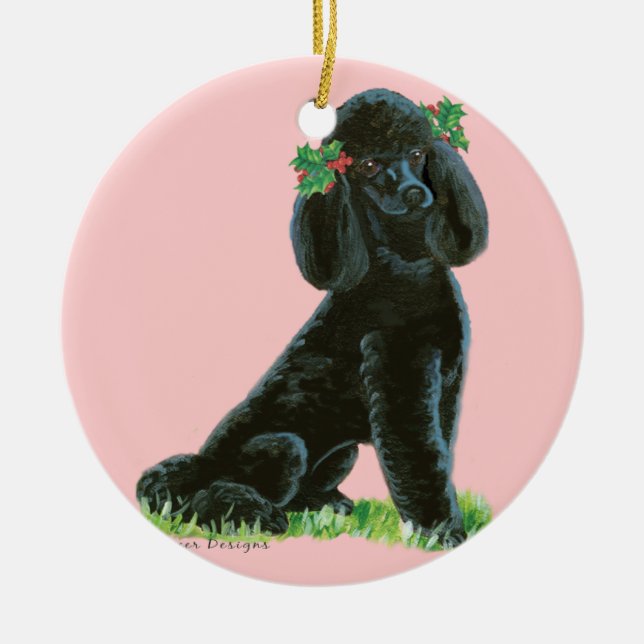 Black Poodle n Holly Christmas Tree Ornament (Front)