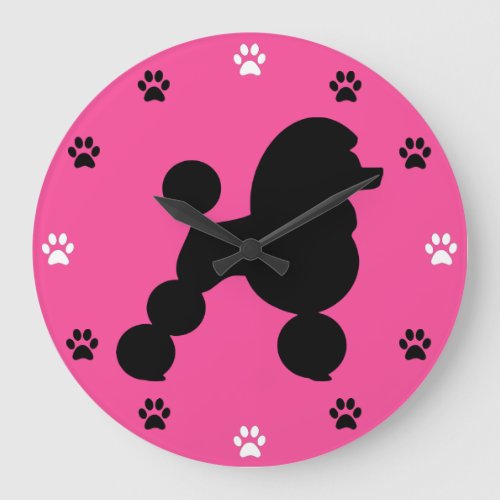 Black Poodle on Pink _ Paw Print Time Large Clock