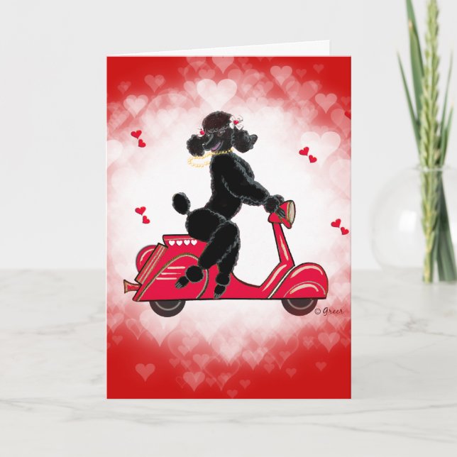 Black Poodle on Scooter Valentine Holiday Card (Front)