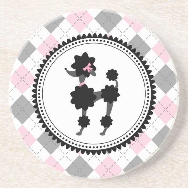 Black Poodle / Pink and Gray Argyle Coaster (Front)
