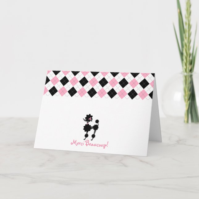 Black Poodle Pink & Black Argyle Thank You Card (Front)