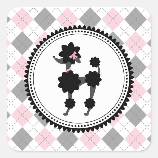 Black Poodle / Pink & Gray Argyle Sticker (Front)