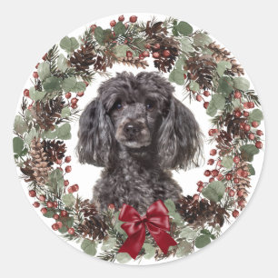 Black Poodle Red Bow Pinecone Wreath Christmas Classic Round Sticker