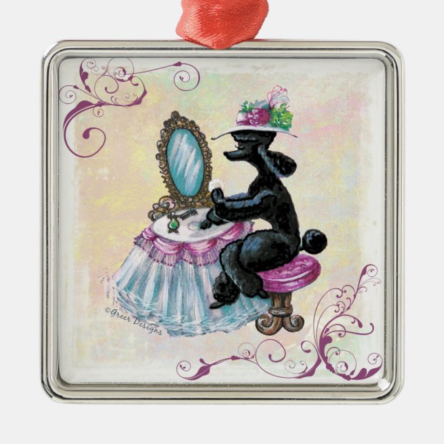 Black Poodle Retro Boudoir Metal Ornament (Front)