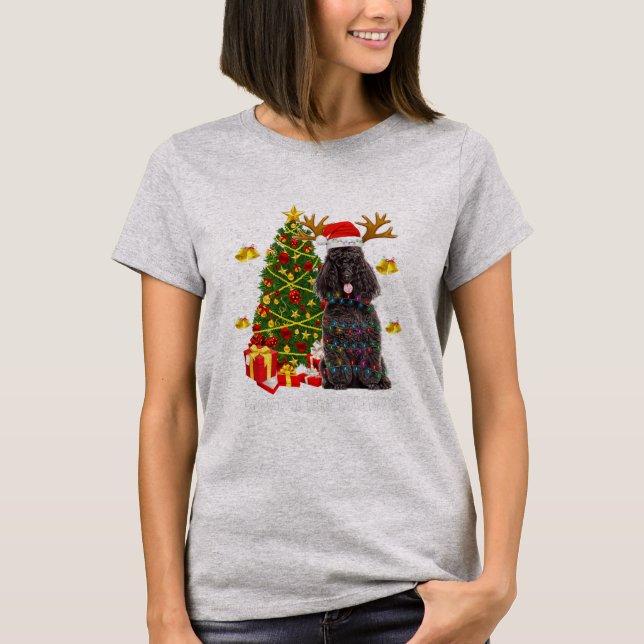Black Poodle Santa Christmas Tree Lights Xmas T-Shirt (Front)