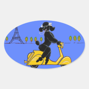Black Poodle Scooter Retro Eiffel Tower Oval Sticker