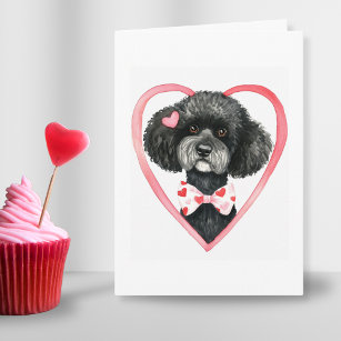 Black Poodle Valentine Day Custom Text watercolor  Holiday Card
