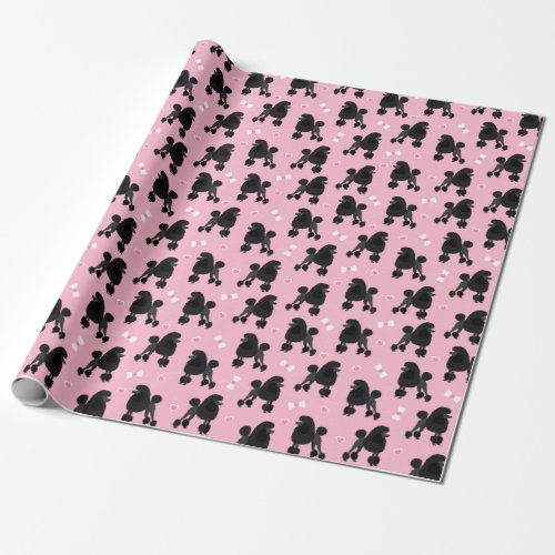 Black Poodles and Bows Pattern Pink Wrapping Paper