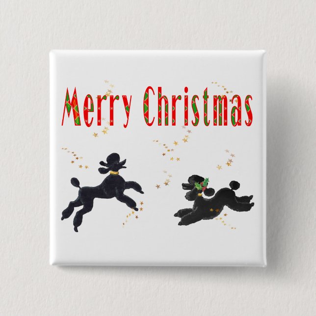 Black Poodles Playing Merry Christmas Art Button (Front)