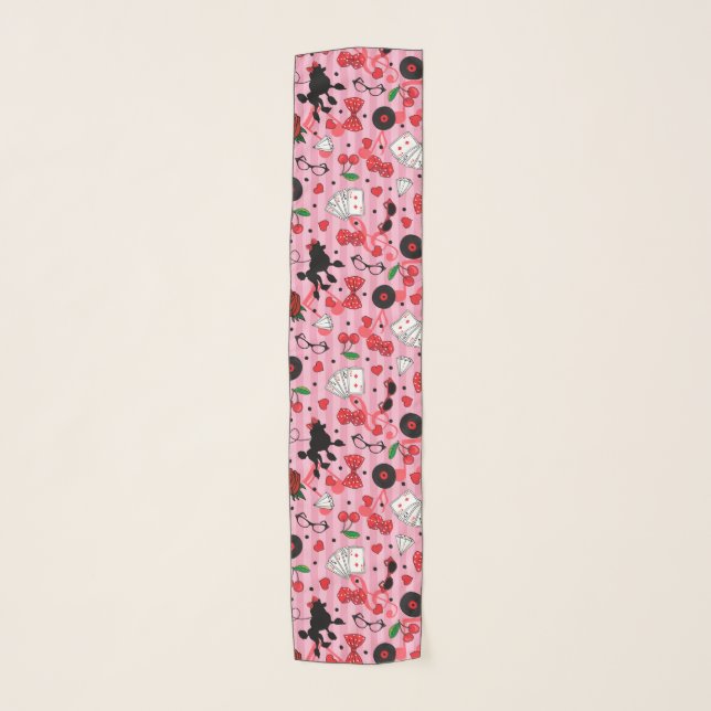 Black Poodles Rockabilly Girl Patterned Pink Scarf (Front)