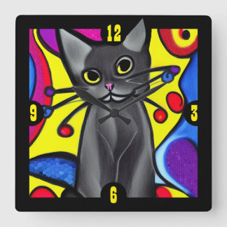 Black Pop Art Cat Square Wall Clock